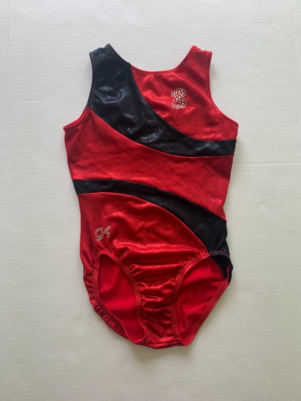 GK Elite Girls Youth Medium Red Black Metallic Gymnastics Leotard Rhinestone